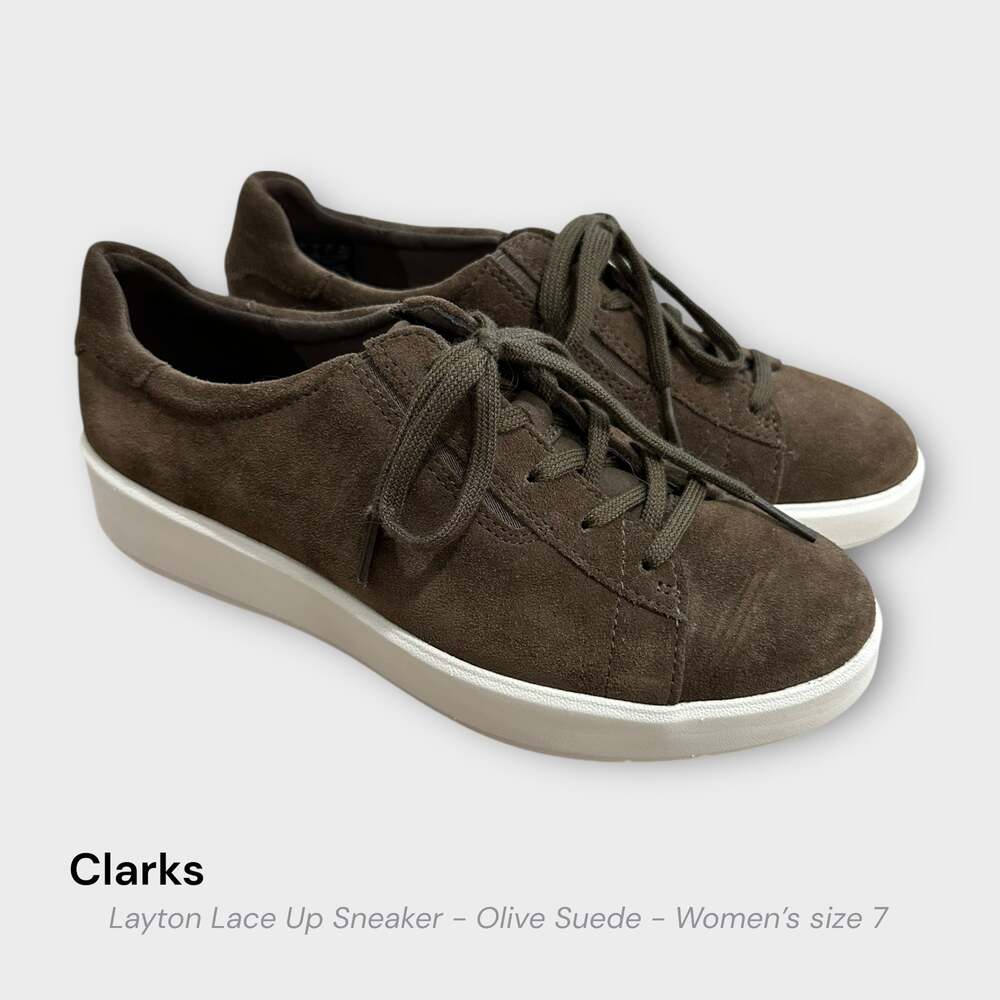 Clarks Women's Layton Lace Up Suede Sneakers - Olive Suede size 7